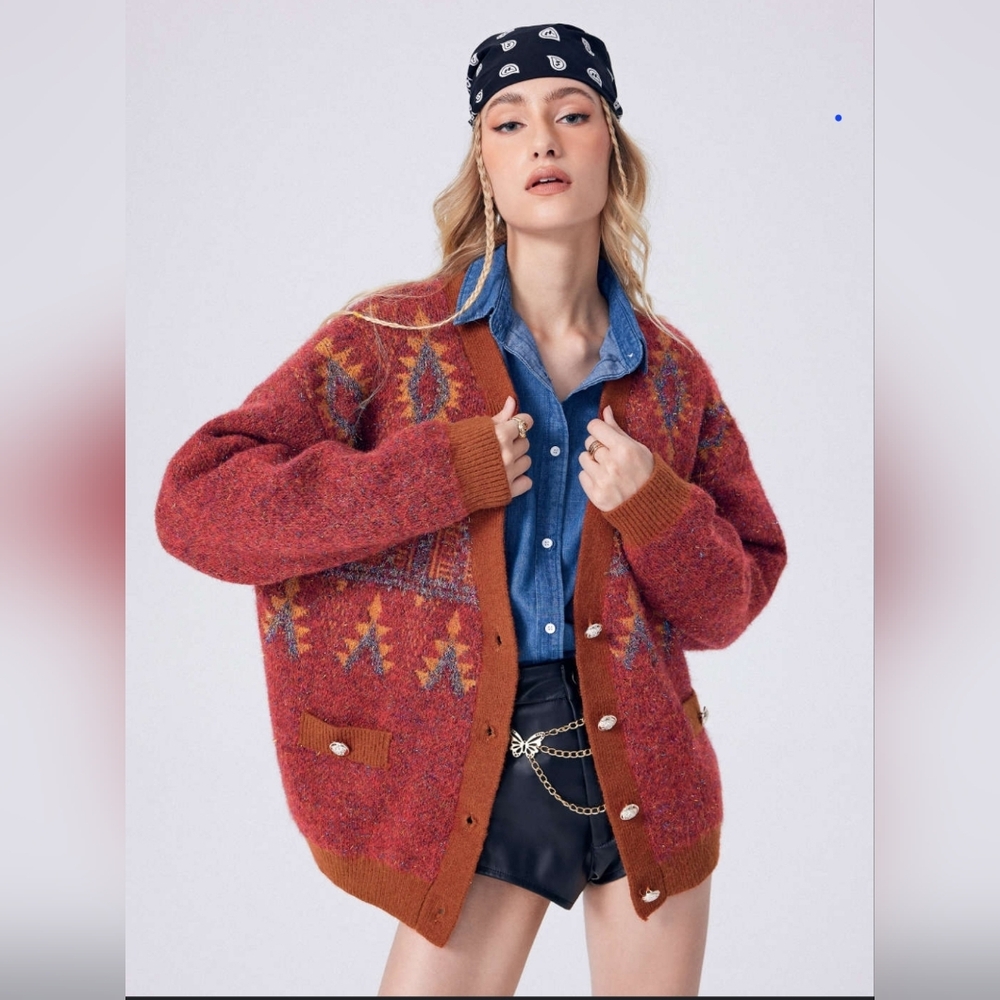 NWT CIDER Geometric V-neck Button Up Oversized Cardigan SIZE L